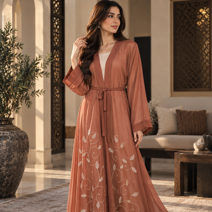 Naeem Boutique Terracotta Embroidered Open Abaya for Women – Elegant Belted Full-Length Maxi Abaya with Floral Detail & Wide Sleeves