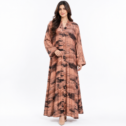 Naeem Boutique Abstract Print Abaya for Women – Peach Brown Full-Length Modest Maxi Abaya with Relaxed Wide Sleeves & Elegant Flow