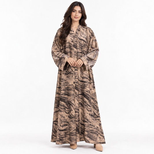 Naeem Boutique Beige & Black Abstract Print Abaya for Women – Full-Length Modest Maxi Abaya with Wide Sleeves & Artistic Design
