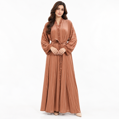 Naeem Boutique Rust Brown Striped Open Abaya for Women – Belted Full-Length Modest Abaya with Balloon Sleeves & Elegant Layered Design