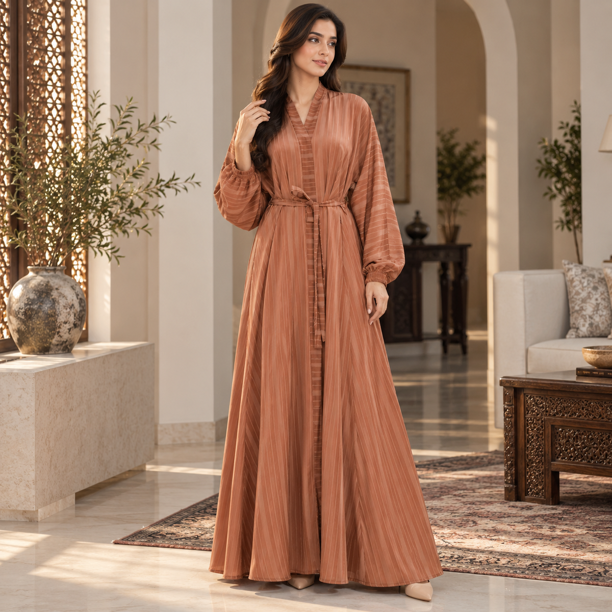 Naeem Boutique Rust Brown Striped Open Abaya for Women – Belted Full-Length Modest Abaya with Balloon Sleeves & Elegant Layered Design