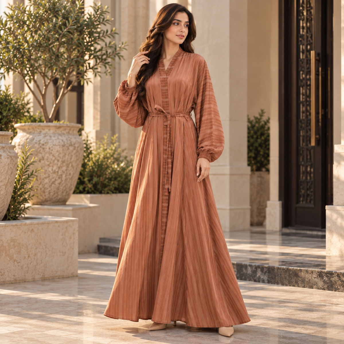 Naeem Boutique Rust Brown Striped Open Abaya for Women – Belted Full-Length Modest Abaya with Balloon Sleeves & Elegant Layered Design