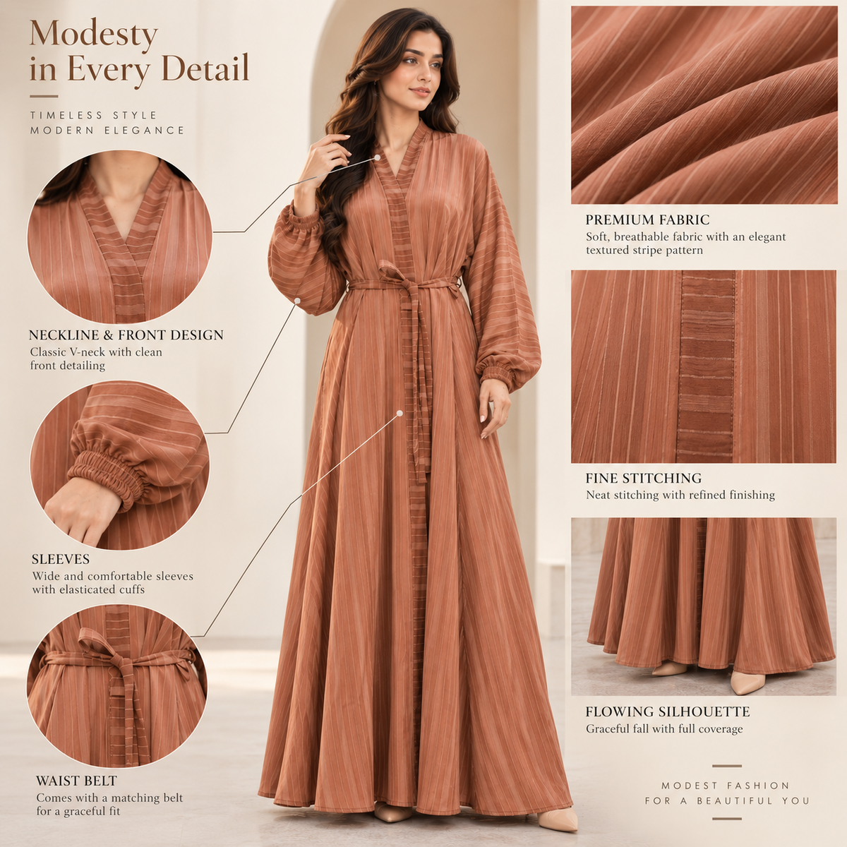 Naeem Boutique Rust Brown Striped Open Abaya for Women – Belted Full-Length Modest Abaya with Balloon Sleeves & Elegant Layered Design