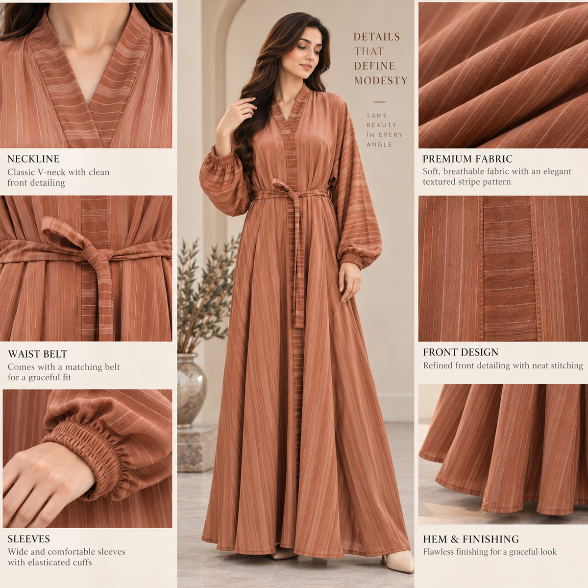 Naeem Boutique Rust Brown Striped Open Abaya for Women – Belted Full-Length Modest Abaya with Balloon Sleeves & Elegant Layered Design