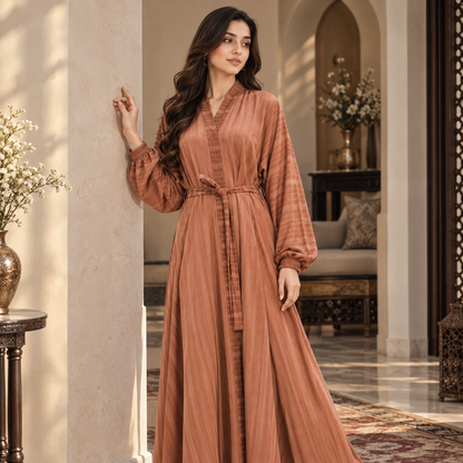 Naeem Boutique Rust Brown Striped Open Abaya for Women – Belted Full-Length Modest Abaya with Balloon Sleeves & Elegant Layered Design