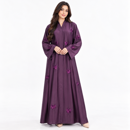 Naeem Boutique Purple Butterfly Embroidered Abaya for Women – Elegant Full-Length Modest Abaya with Wide Sleeves & Flowing Fit