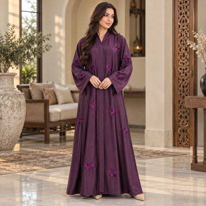 Naeem Boutique Purple Butterfly Embroidered Abaya for Women – Elegant Full-Length Modest Abaya with Wide Sleeves & Flowing Fit