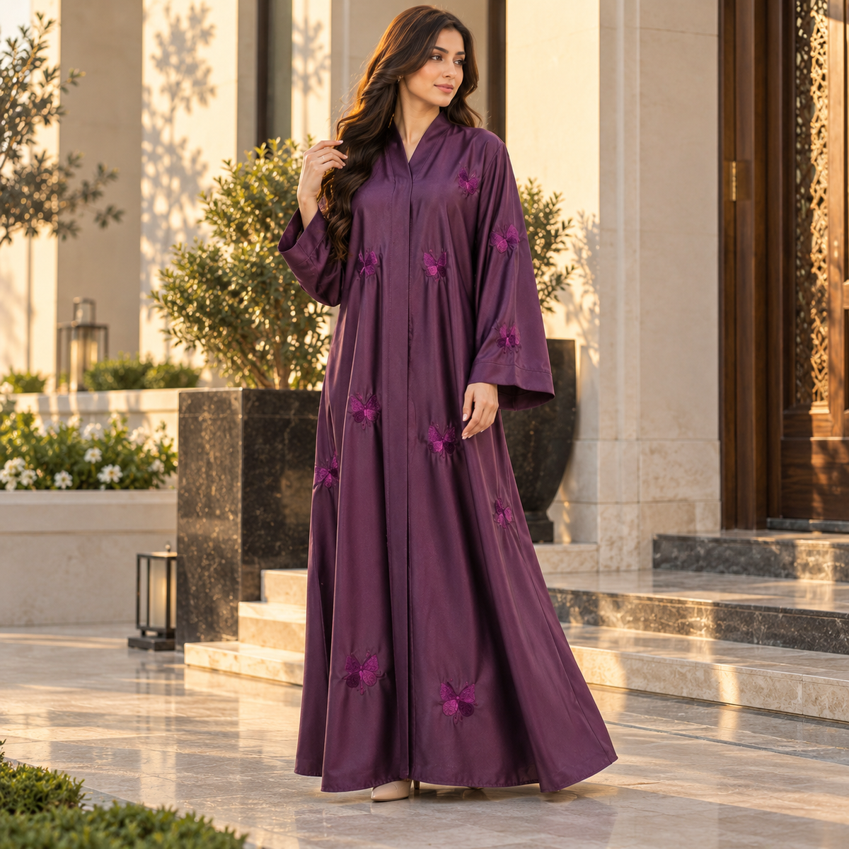 Naeem Boutique Purple Butterfly Embroidered Abaya for Women – Elegant Full-Length Modest Abaya with Wide Sleeves & Flowing Fit