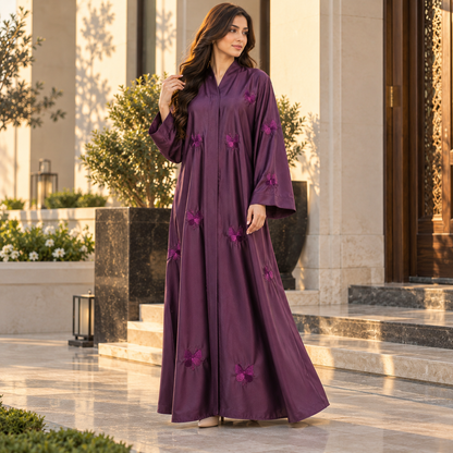 Naeem Boutique Purple Butterfly Embroidered Abaya for Women – Elegant Full-Length Modest Abaya with Wide Sleeves & Flowing Fit