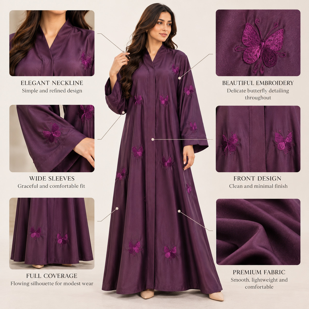 Naeem Boutique Purple Butterfly Embroidered Abaya for Women – Elegant Full-Length Modest Abaya with Wide Sleeves & Flowing Fit