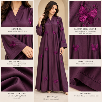 Naeem Boutique Purple Butterfly Embroidered Abaya for Women – Elegant Full-Length Modest Abaya with Wide Sleeves & Flowing Fit
