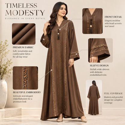 Naeem Boutique – Elegant Brown Embellished Abaya for Women | Front Open Modest Maxi Abaya with Wide Sleeves & Decorative Detailing