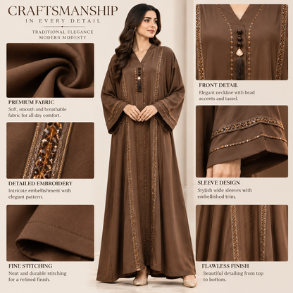 Naeem Boutique – Elegant Brown Embellished Abaya for Women | Front Open Modest Maxi Abaya with Wide Sleeves & Decorative Detailing