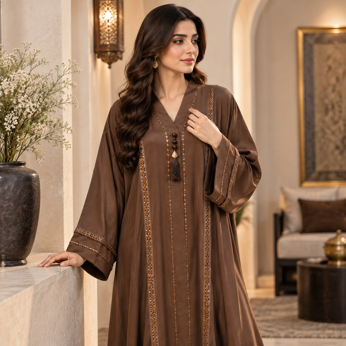 Naeem Boutique – Elegant Brown Embellished Abaya for Women | Front Open Modest Maxi Abaya with Wide Sleeves & Decorative Detailing