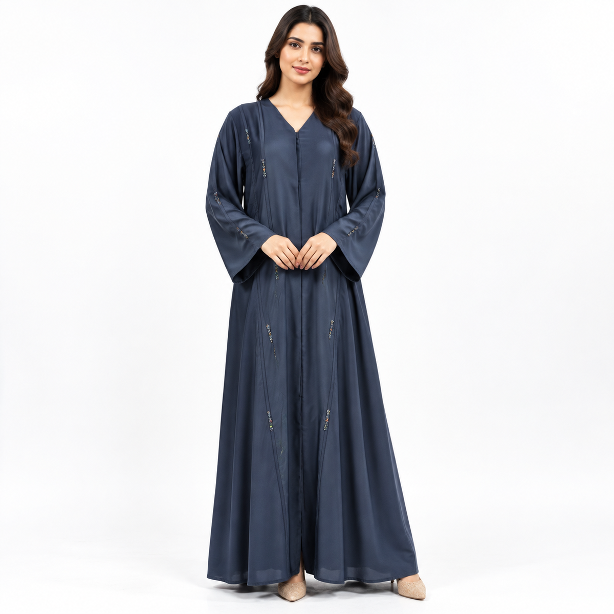 Naeem Boutique – Navy Blue Embellished Abaya for Women | Elegant Full Length Modest Abaya with Flared Sleeves & Delicate Detailing
