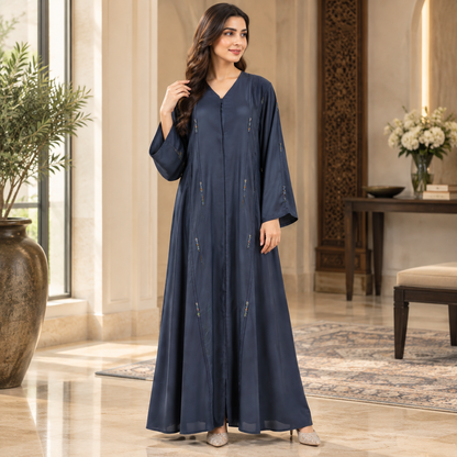 Naeem Boutique – Navy Blue Embellished Abaya for Women | Elegant Full Length Modest Abaya with Flared Sleeves & Delicate Detailing