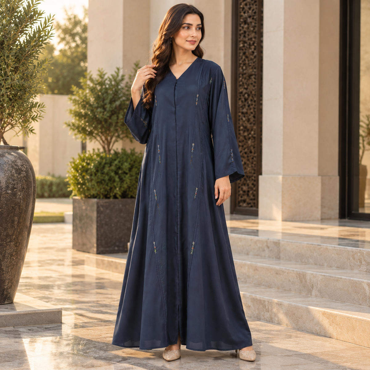 Naeem Boutique – Navy Blue Embellished Abaya for Women | Elegant Full Length Modest Abaya with Flared Sleeves & Delicate Detailing