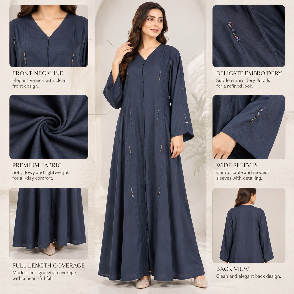 Naeem Boutique – Navy Blue Embellished Abaya for Women | Elegant Full Length Modest Abaya with Flared Sleeves & Delicate Detailing