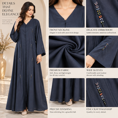 Naeem Boutique – Navy Blue Embellished Abaya for Women | Elegant Full Length Modest Abaya with Flared Sleeves & Delicate Detailing