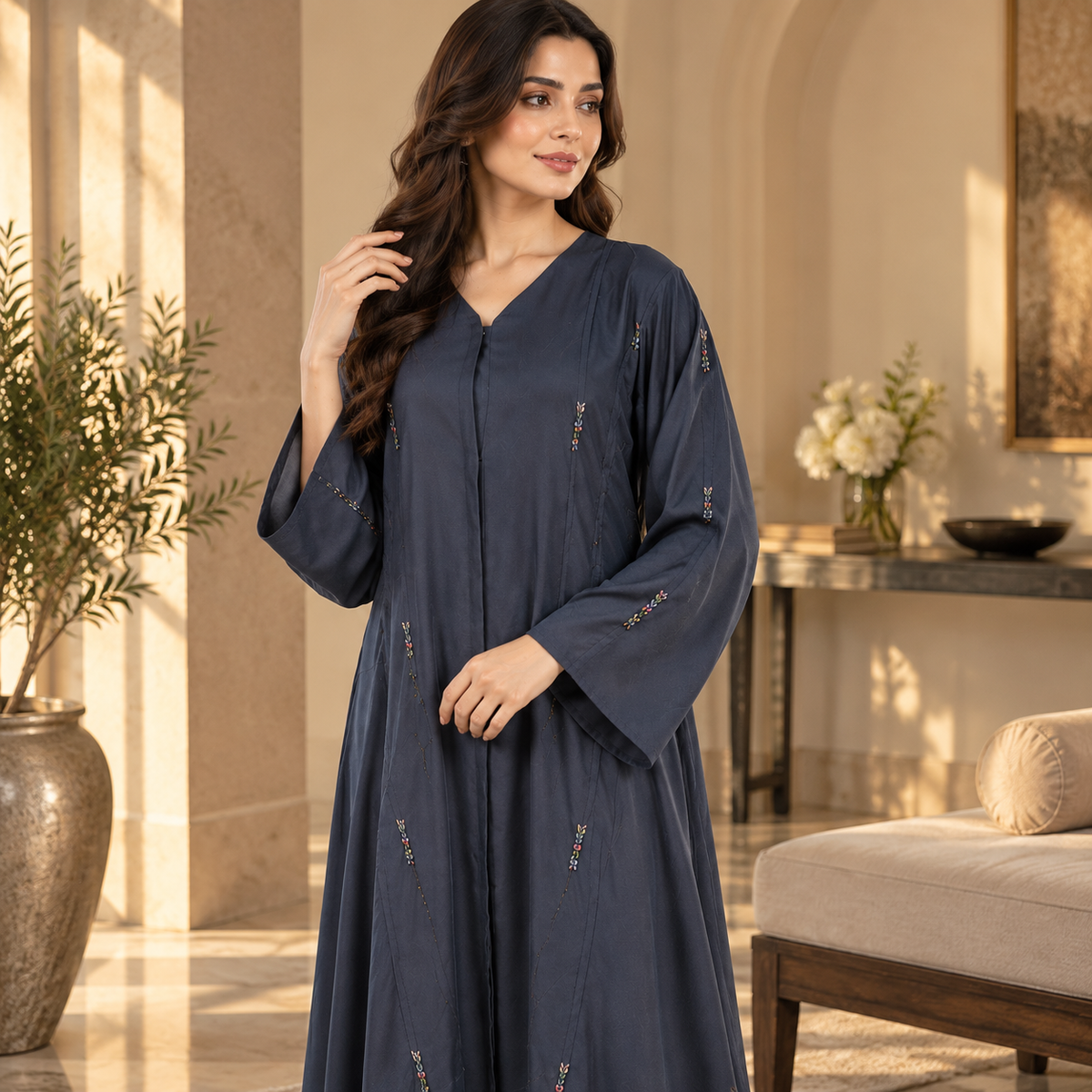 Naeem Boutique – Navy Blue Embellished Abaya for Women | Elegant Full Length Modest Abaya with Flared Sleeves & Delicate Detailing