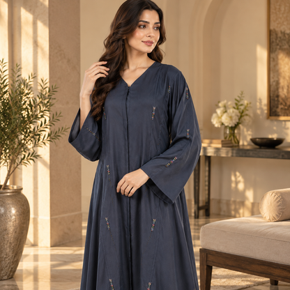 Naeem Boutique – Navy Blue Embellished Abaya for Women | Elegant Full Length Modest Abaya with Flared Sleeves & Delicate Detailing