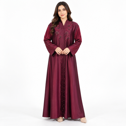 Naeem Boutique – Maroon Embellished Abaya for Women | Elegant Floral Detail Full Length Modest Abaya with Wide Sleeves for Occasions