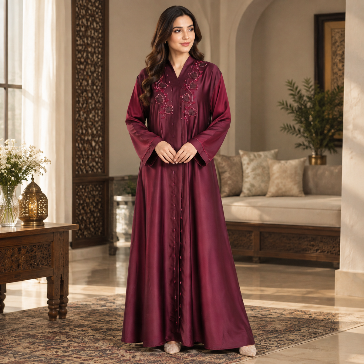 Naeem Boutique – Maroon Embellished Abaya for Women | Elegant Floral Detail Full Length Modest Abaya with Wide Sleeves for Occasions