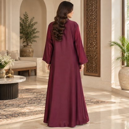 Naeem Boutique – Maroon Embellished Abaya for Women | Elegant Floral Detail Full Length Modest Abaya with Wide Sleeves for Occasions