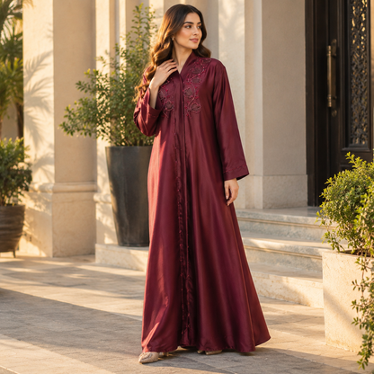 Naeem Boutique – Maroon Embellished Abaya for Women | Elegant Floral Detail Full Length Modest Abaya with Wide Sleeves for Occasions