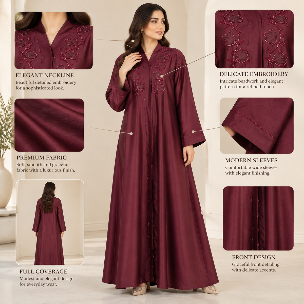 Naeem Boutique – Maroon Embellished Abaya for Women | Elegant Floral Detail Full Length Modest Abaya with Wide Sleeves for Occasions