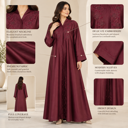 Naeem Boutique – Maroon Embellished Abaya for Women | Elegant Floral Detail Full Length Modest Abaya with Wide Sleeves for Occasions