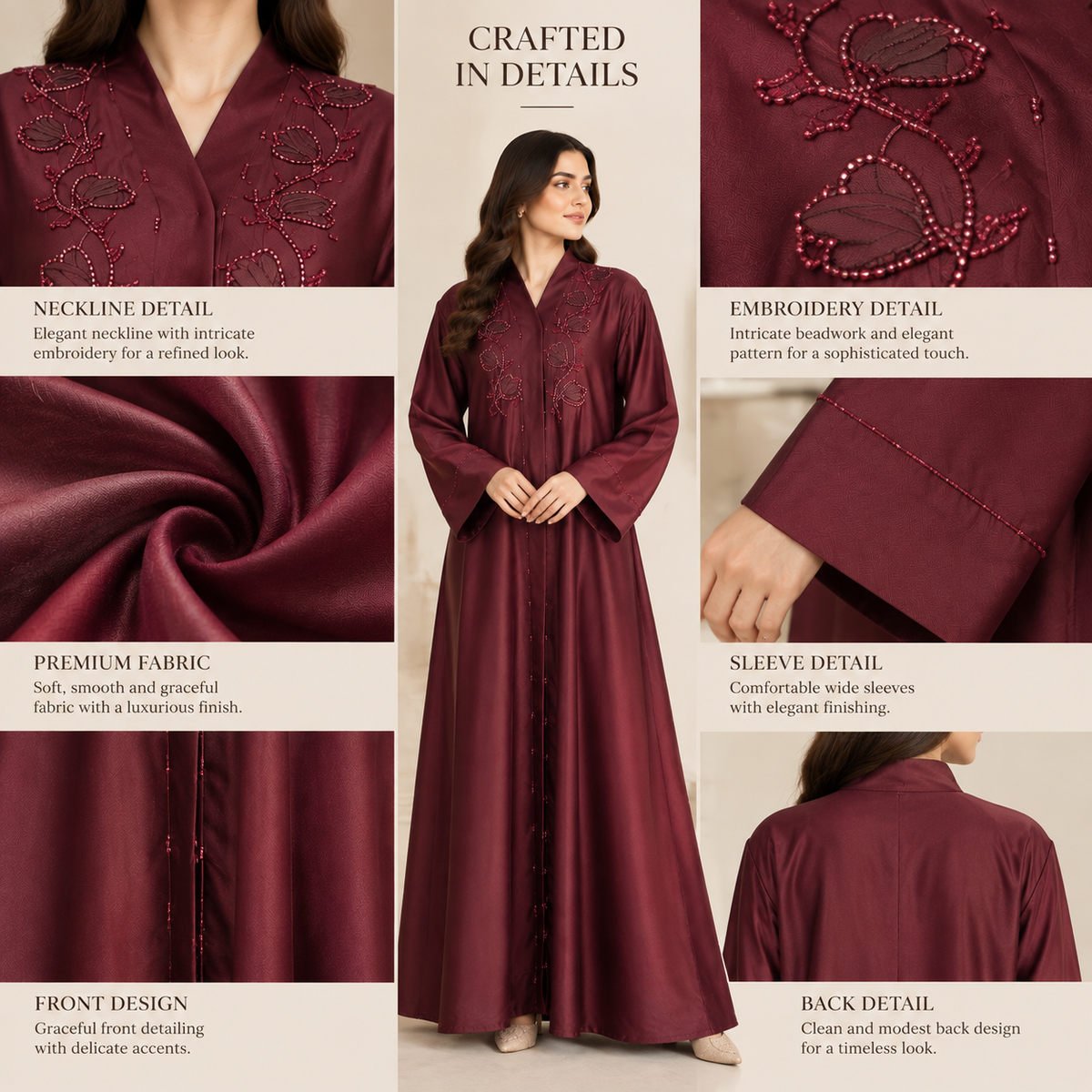 Naeem Boutique – Maroon Embellished Abaya for Women | Elegant Floral Detail Full Length Modest Abaya with Wide Sleeves for Occasions