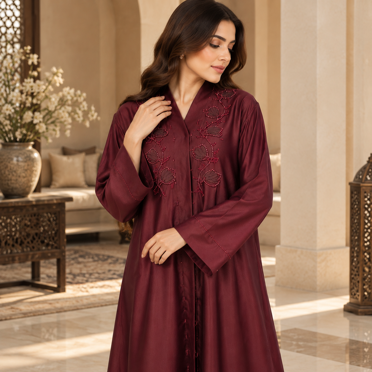 Naeem Boutique – Maroon Embellished Abaya for Women | Elegant Floral Detail Full Length Modest Abaya with Wide Sleeves for Occasions