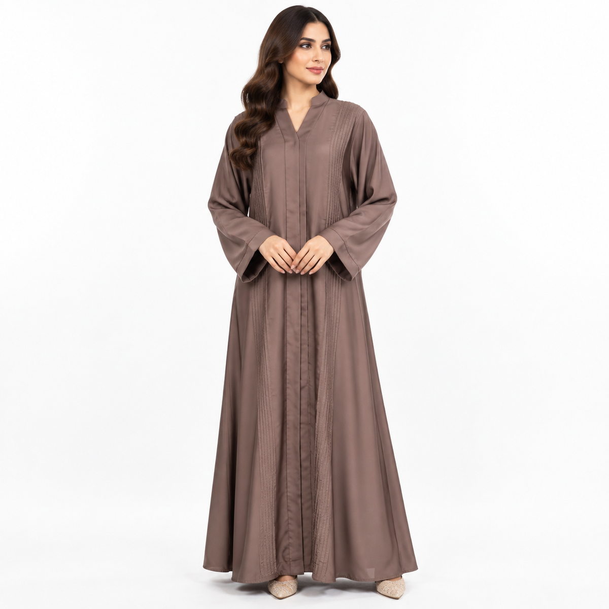 Naeem Boutique – Mocha Brown Minimal Abaya for Women | Elegant Full Length Modest Abaya with Textured Front Panels & Wide Sleeves