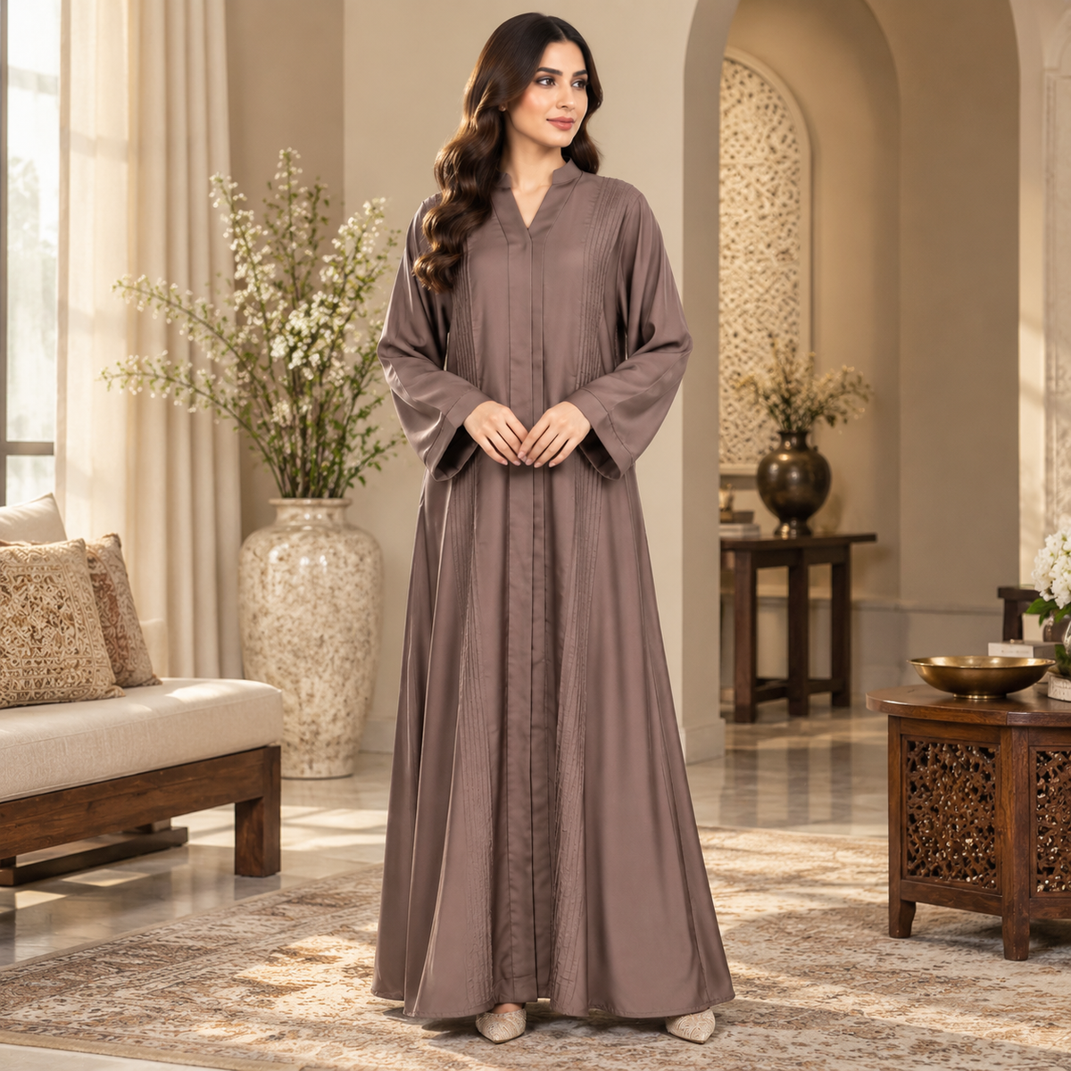 Naeem Boutique – Mocha Brown Minimal Abaya for Women | Elegant Full Length Modest Abaya with Textured Front Panels & Wide Sleeves