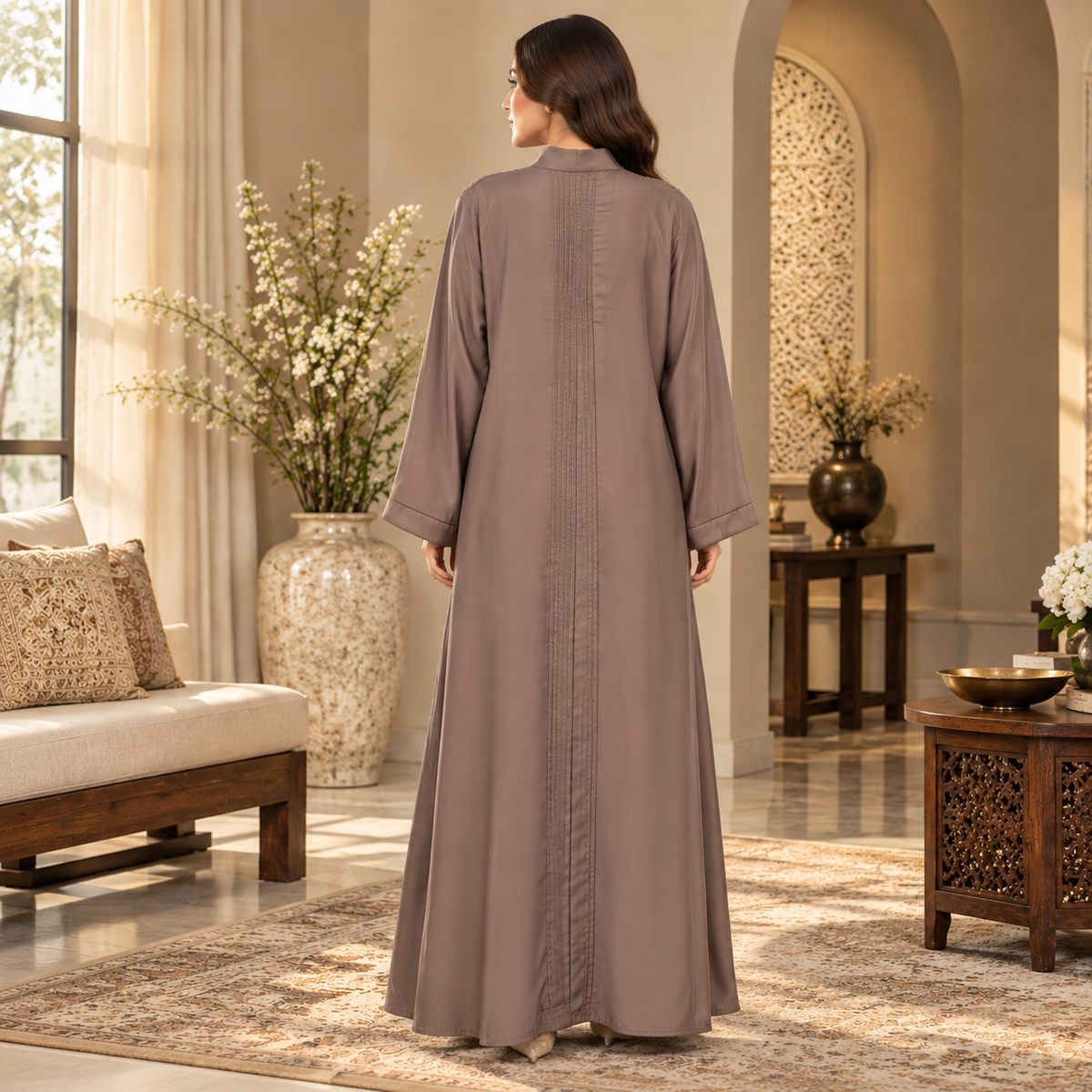 Naeem Boutique – Mocha Brown Minimal Abaya for Women | Elegant Full Length Modest Abaya with Textured Front Panels & Wide Sleeves
