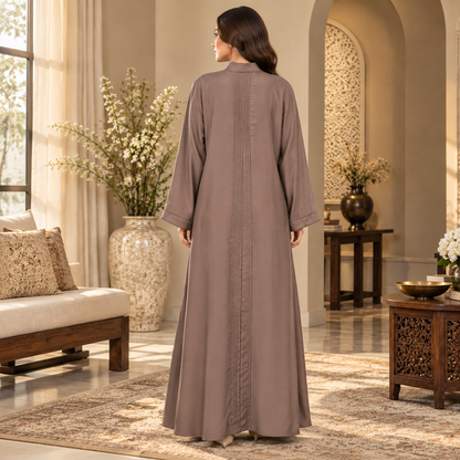 Naeem Boutique – Mocha Brown Minimal Abaya for Women | Elegant Full Length Modest Abaya with Textured Front Panels & Wide Sleeves