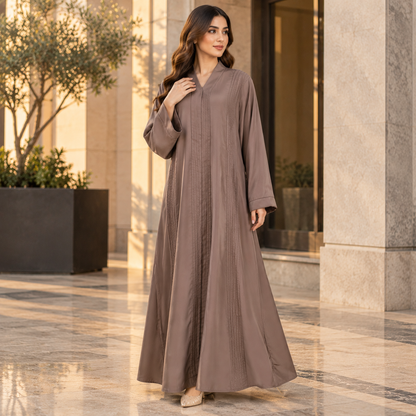 Naeem Boutique – Mocha Brown Minimal Abaya for Women | Elegant Full Length Modest Abaya with Textured Front Panels & Wide Sleeves