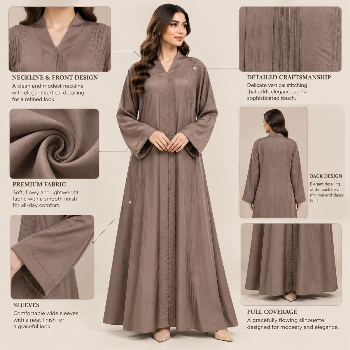 Naeem Boutique – Mocha Brown Minimal Abaya for Women | Elegant Full Length Modest Abaya with Textured Front Panels & Wide Sleeves