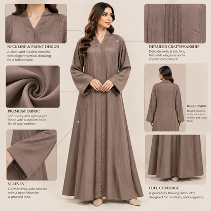 Naeem Boutique – Mocha Brown Minimal Abaya for Women | Elegant Full Length Modest Abaya with Textured Front Panels & Wide Sleeves