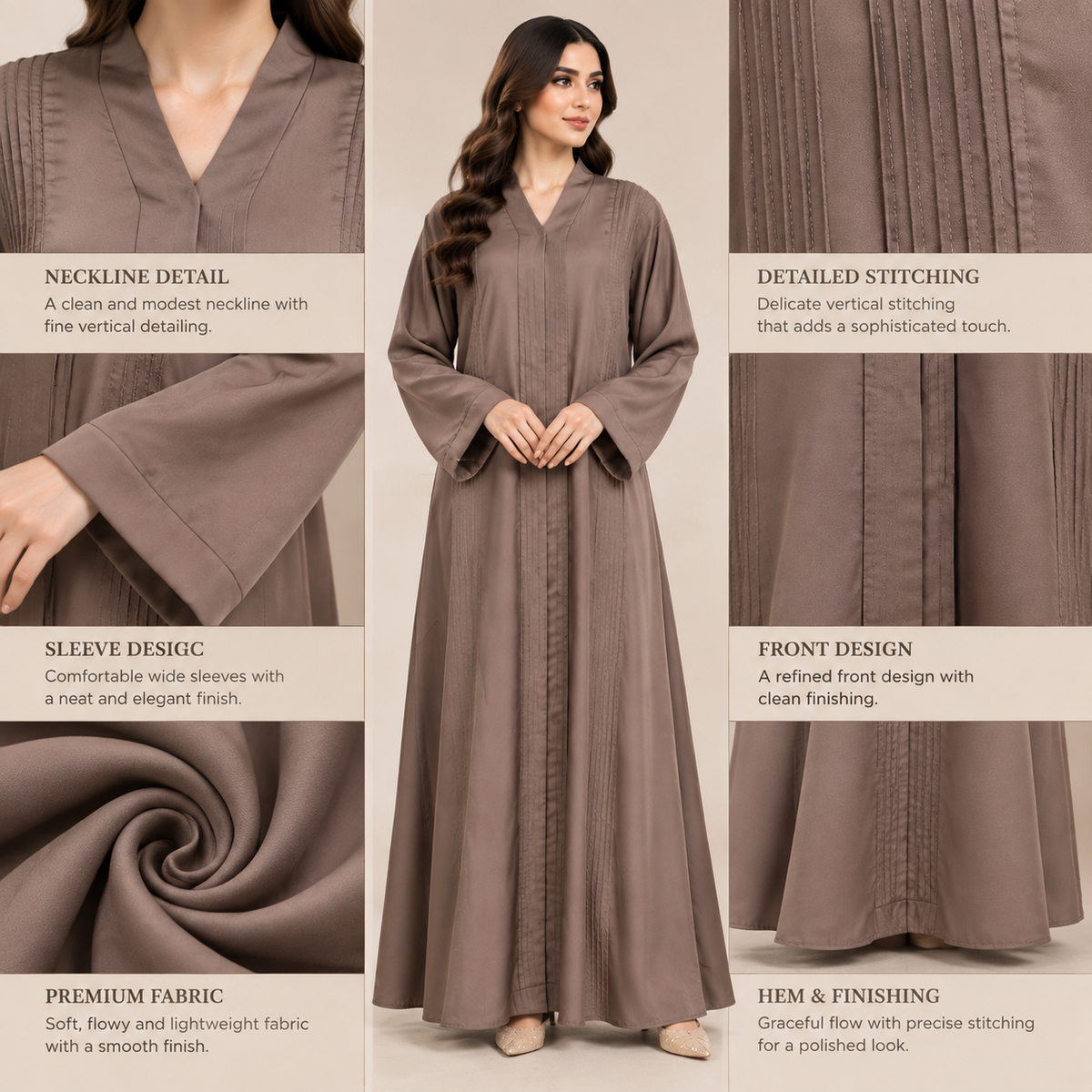 Naeem Boutique – Mocha Brown Minimal Abaya for Women | Elegant Full Length Modest Abaya with Textured Front Panels & Wide Sleeves