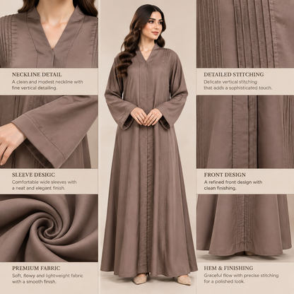 Naeem Boutique – Mocha Brown Minimal Abaya for Women | Elegant Full Length Modest Abaya with Textured Front Panels & Wide Sleeves