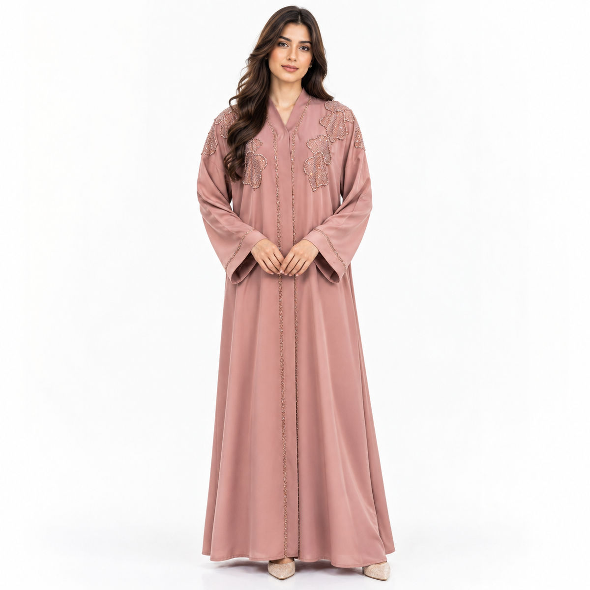 Naeem Boutique – Dusty Rose Pink Embellished Abaya for Women | Luxury Full Length Modest Abaya with Floral Beadwork & Wide Sleeves