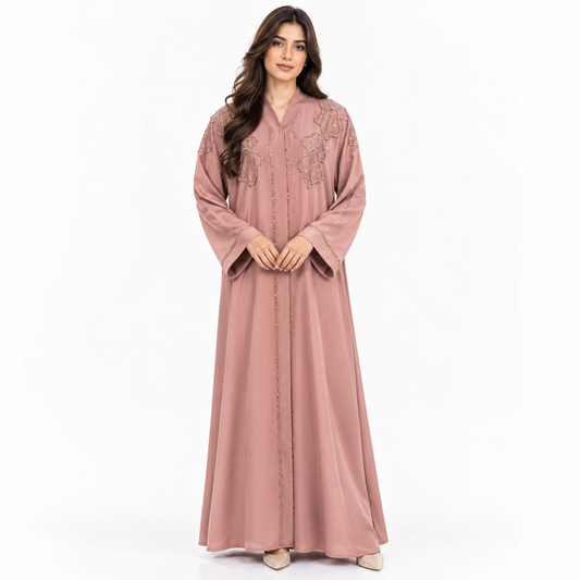 Naeem Boutique – Dusty Rose Pink Embellished Abaya for Women | Luxury Full Length Modest Abaya with Floral Beadwork & Wide Sleeves