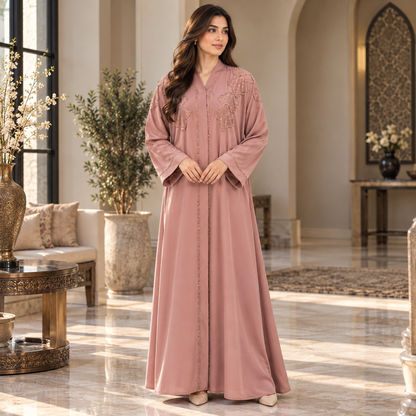 Naeem Boutique – Dusty Rose Pink Embellished Abaya for Women | Luxury Full Length Modest Abaya with Floral Beadwork & Wide Sleeves