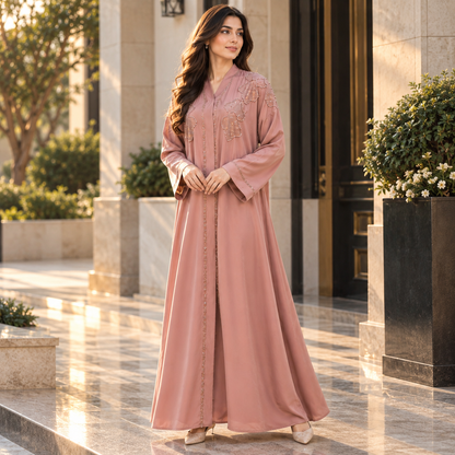 Naeem Boutique – Dusty Rose Pink Embellished Abaya for Women | Luxury Full Length Modest Abaya with Floral Beadwork & Wide Sleeves