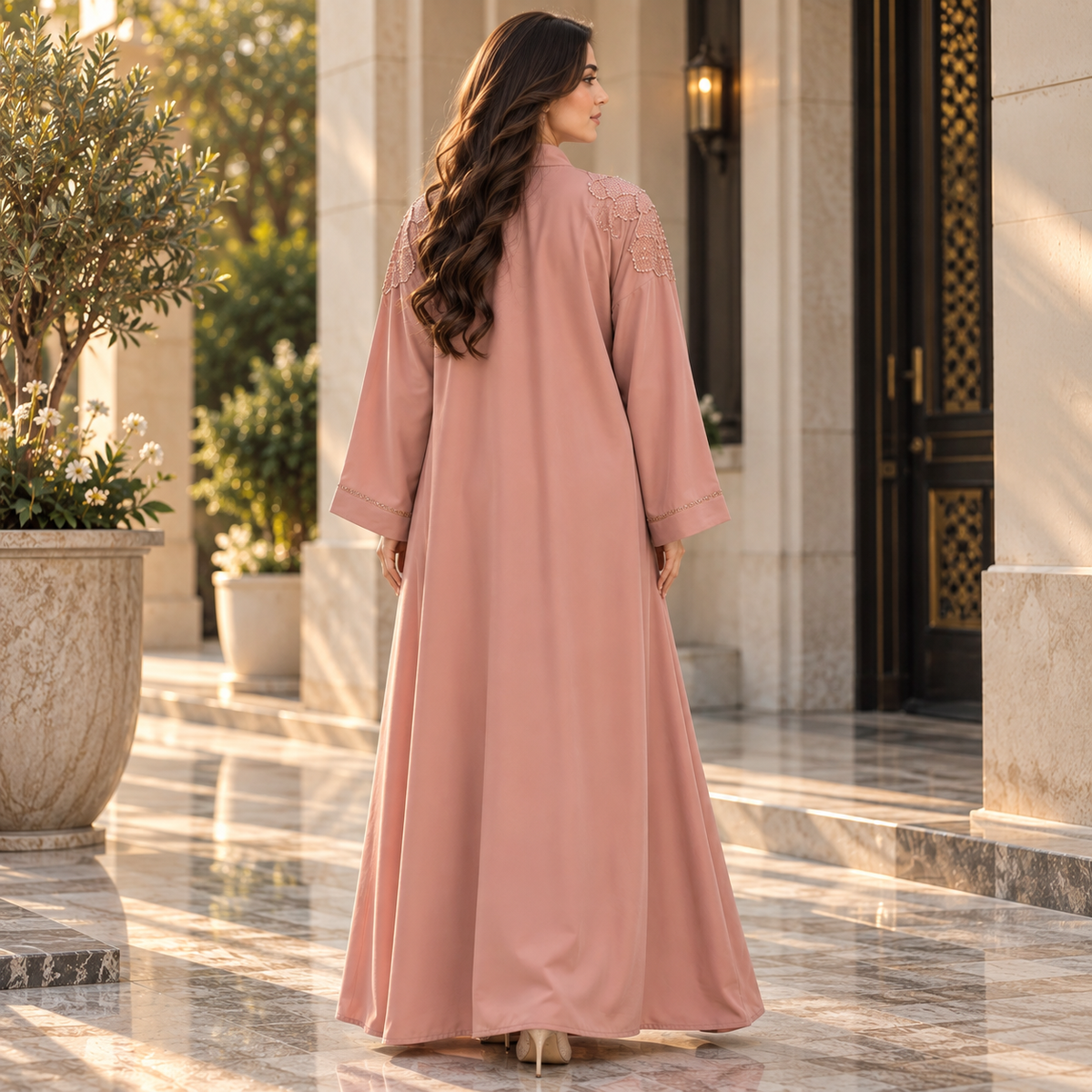 Naeem Boutique – Dusty Rose Pink Embellished Abaya for Women | Luxury Full Length Modest Abaya with Floral Beadwork & Wide Sleeves