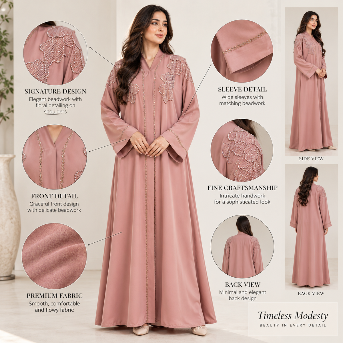 Naeem Boutique – Dusty Rose Pink Embellished Abaya for Women | Luxury Full Length Modest Abaya with Floral Beadwork & Wide Sleeves