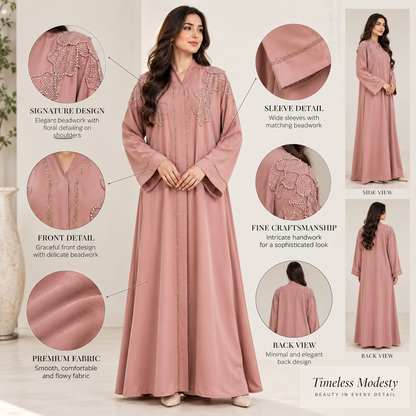 Naeem Boutique – Dusty Rose Pink Embellished Abaya for Women | Luxury Full Length Modest Abaya with Floral Beadwork & Wide Sleeves
