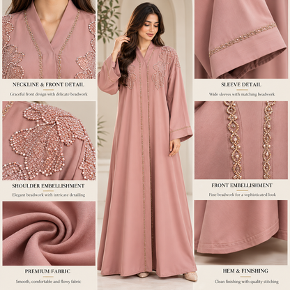 Naeem Boutique – Dusty Rose Pink Embellished Abaya for Women | Luxury Full Length Modest Abaya with Floral Beadwork & Wide Sleeves